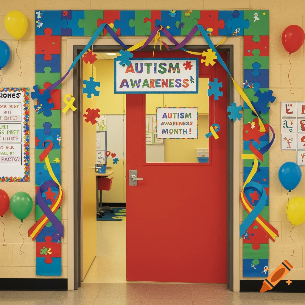 Classroom doorway decorated for Autism Awareness with colorful puzzle pieces, ribbons, signs, and balloons.