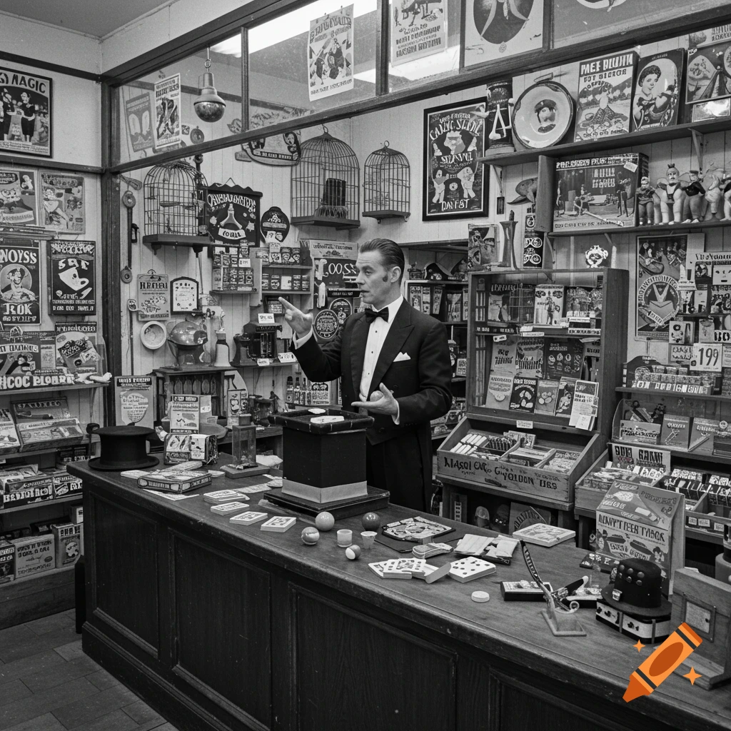 A magician in a tuxedo points across the counter of a crowded magic shop filled with merchandise, in a black and white photo.