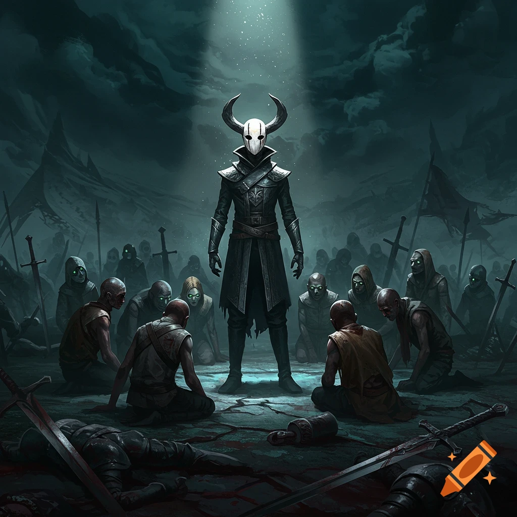 A tall figure with a horned mask stands over kneeling figures on a dark, bloody battlefield.