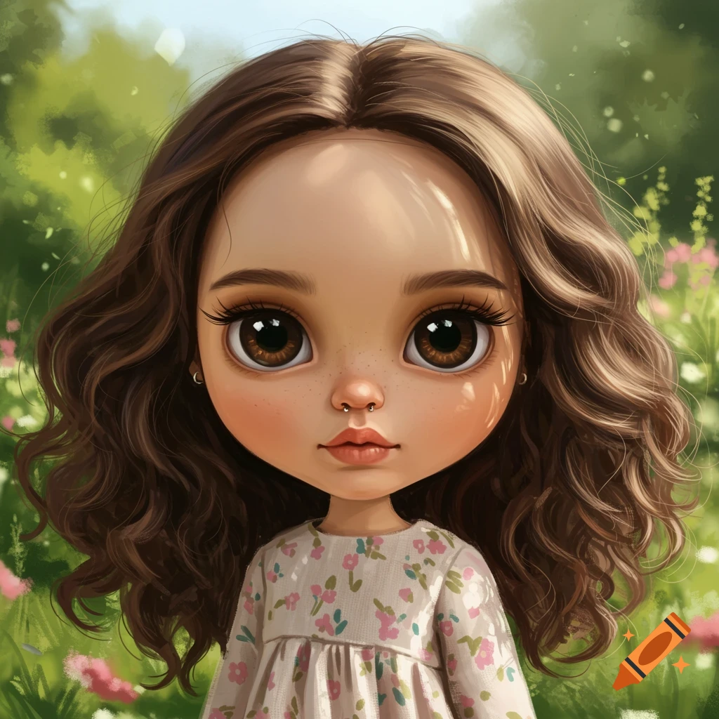 A doll portrait with big eyes, brown hair, a septum ring, and a floral dress, in a grassy field.