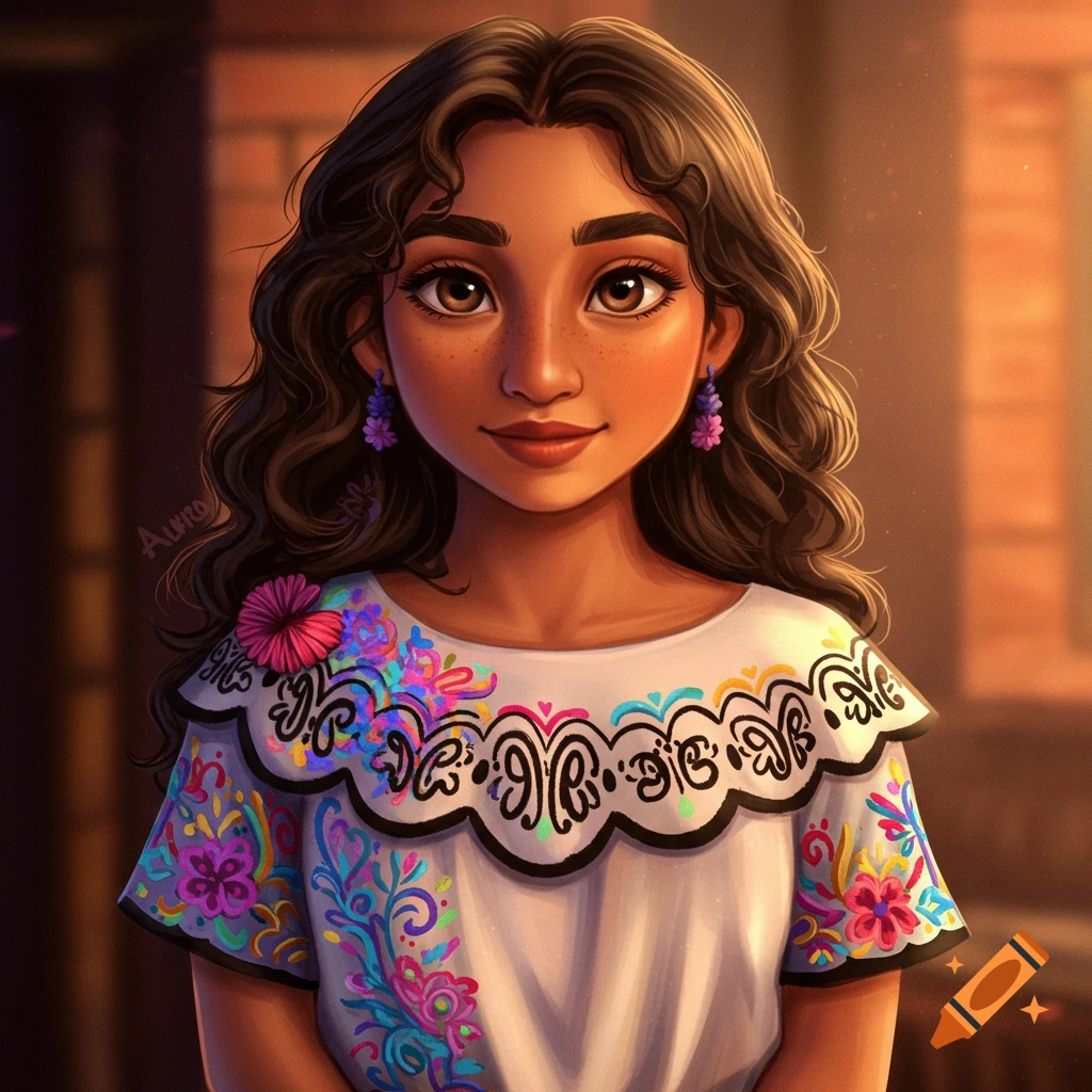 Illustration of a young woman with dark curly hair and freckles wearing a white dress with colorful floral embroidery.