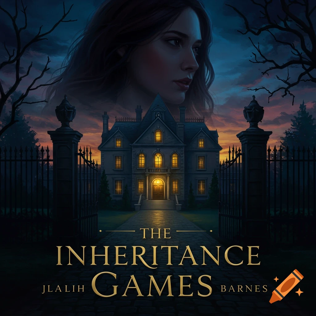A dramatic book cover featuring a large, lit mansion behind gates at twilight with a woman's face looking down from the sky. Text reads 'The Inheritance Games'.