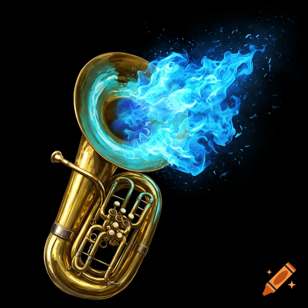 A brass tuba emits blue flames from its bell on a black background.