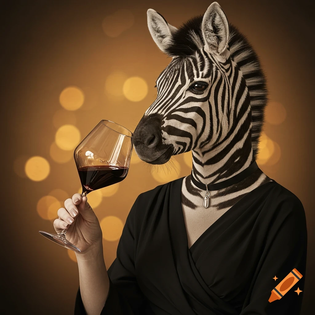 Anthropomorphic zebra in a black dress holding a glass of red wine. Photorealistic.