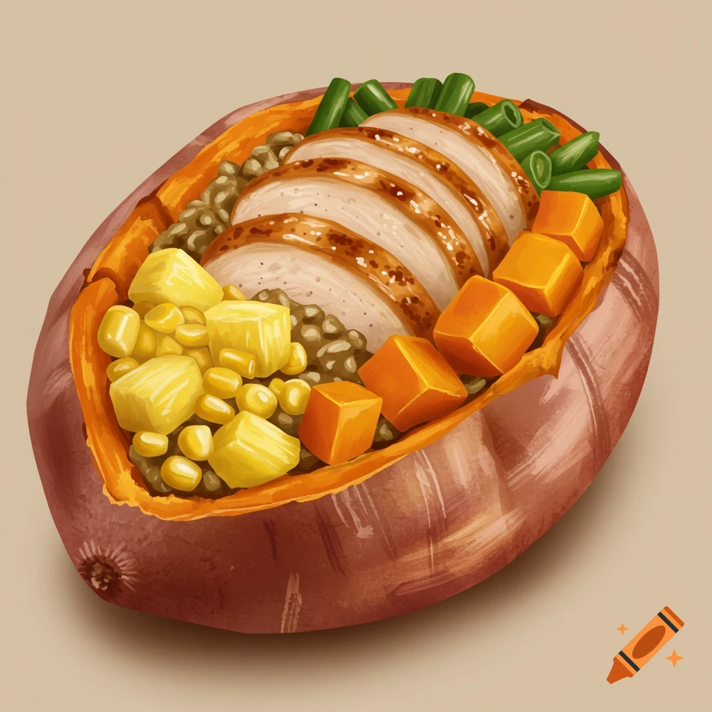 Illustration of a baked sweet potato stuffed with sliced turkey, pineapple, corn, green beans, and squash cubes.