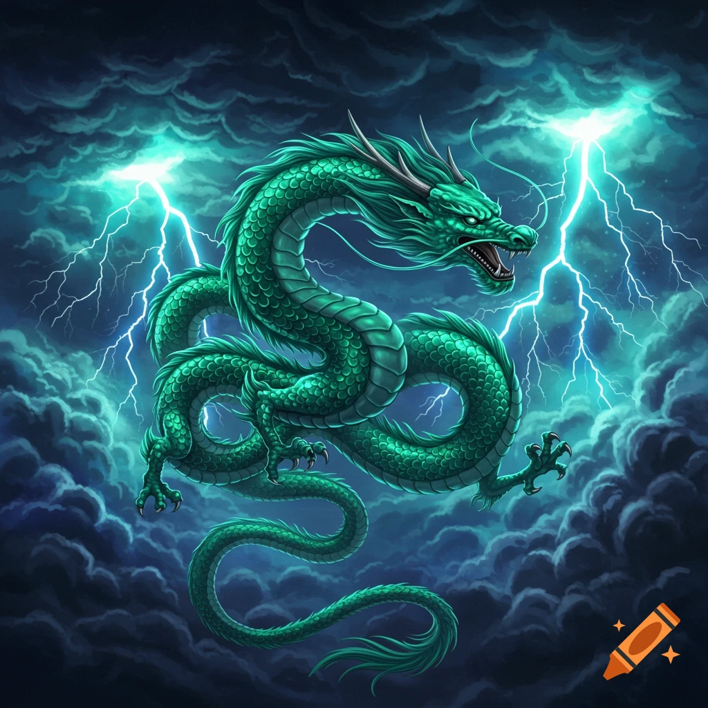 A shimmering green Chinese dragon flies through dark, lightning-filled storm clouds.