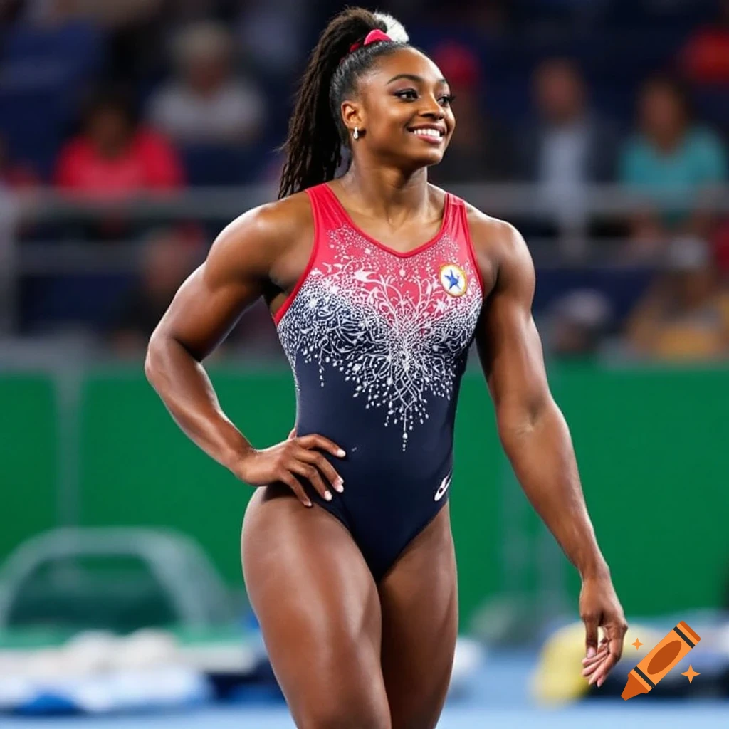 Simone Biles smiles in a blue and red gymnastics leotard during a competition