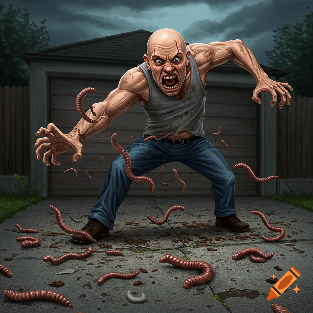 Enraged bald man in a tank top attacks worms in his driveway, graphic illustration style.