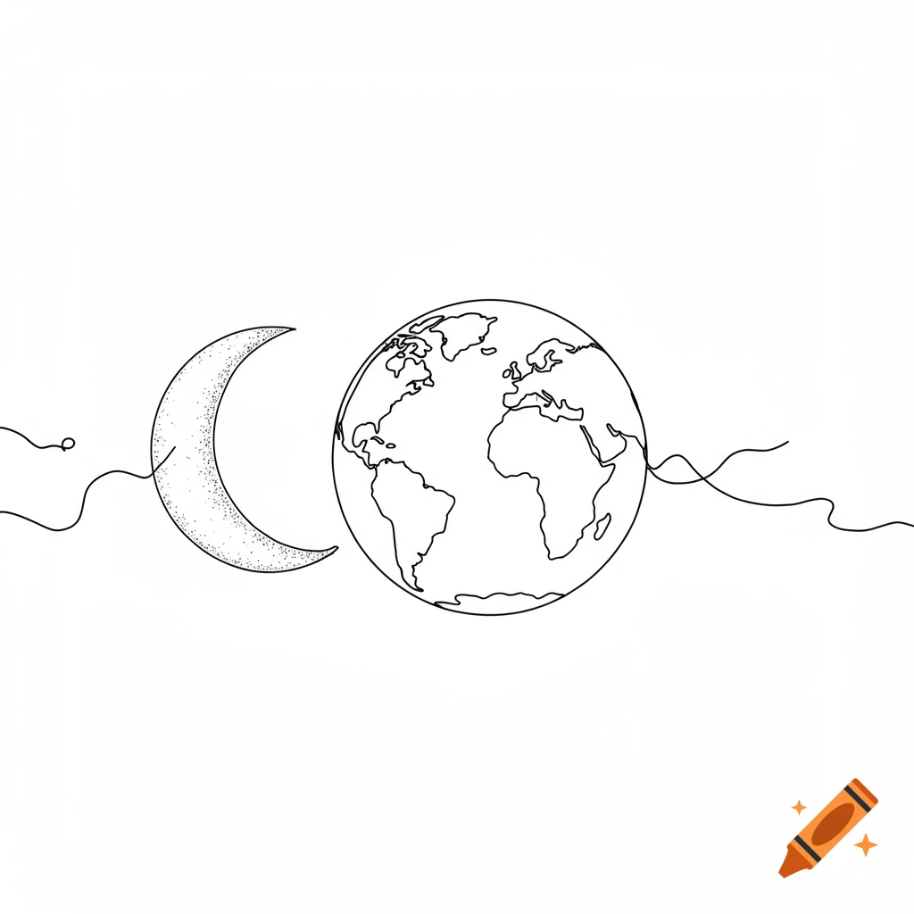 A single line drawing of the Earth and a crescent moon