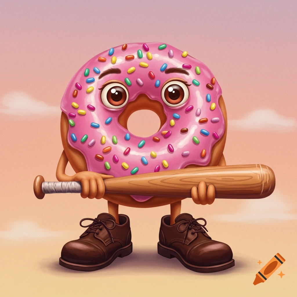 Cartoon donut character with pink frosting and sprinkles, wearing shoes and holding a baseball bat.
