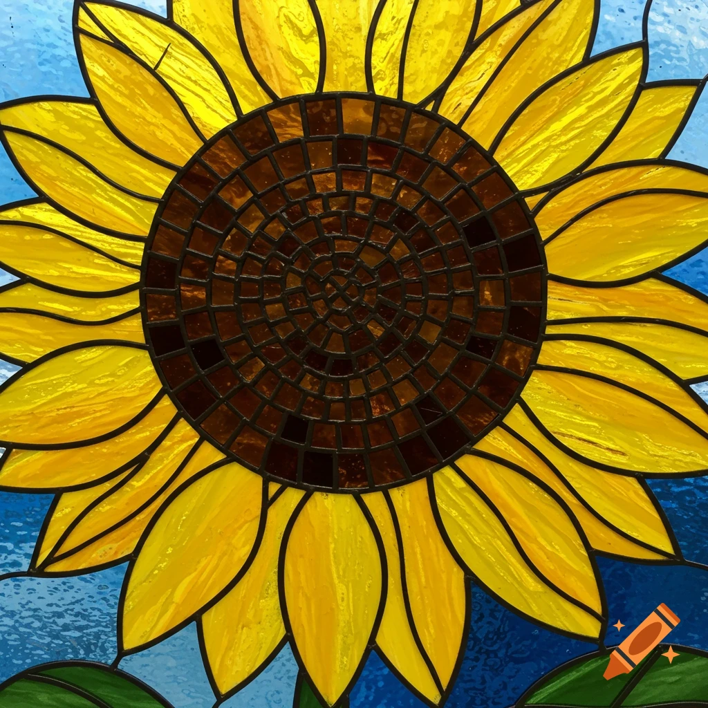 A stained glass depiction of a sunflower.