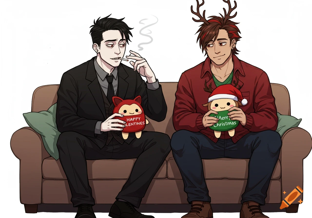 Two men sit on a couch, one holding a 'Happy Valentines' plushie and smoking, the other holding a 'Merry Christmas' plushie. Illustration style.
