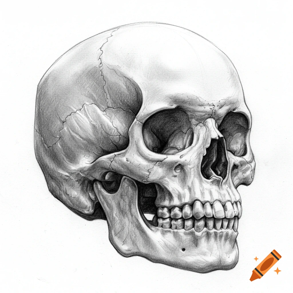 Detailed pencil sketch of a human skull from the side