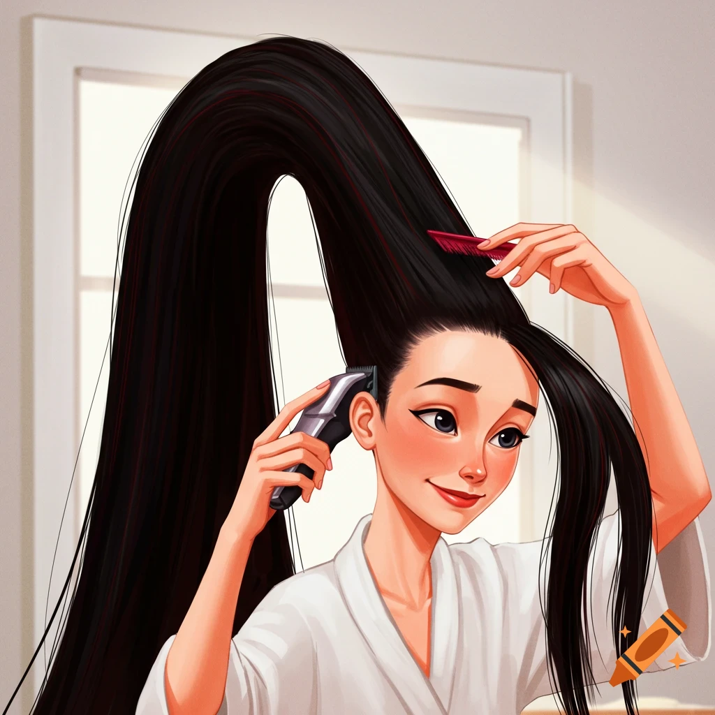 Stylized illustration of a woman with extremely long hair using a hair clipper and comb to cut her hair.