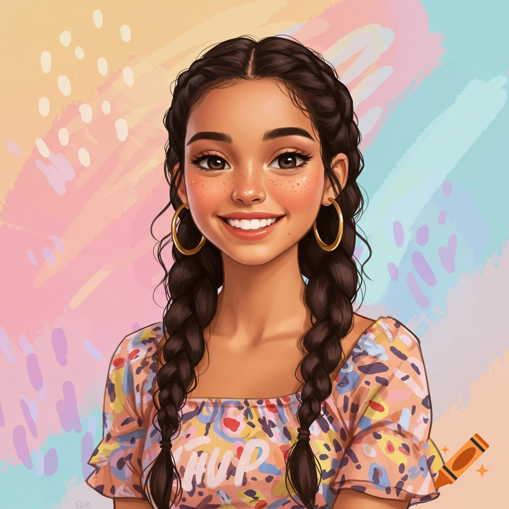 Smiling girl with braided hair and freckles wears hoop earrings and a colorful shirt against a pastel background. Digital art style.
