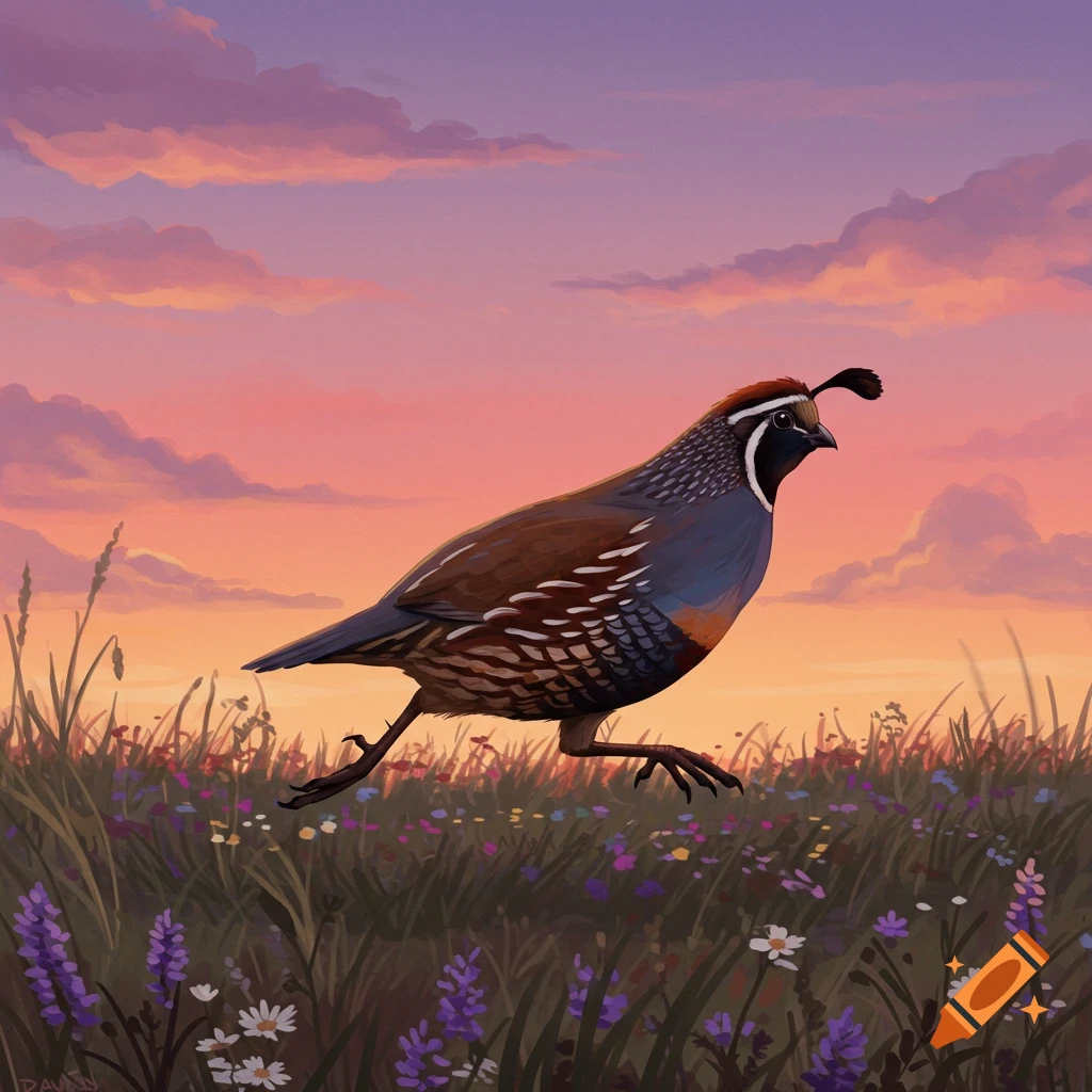 A male quail runs through a field of grass and wildflowers at sunset, illustrated.