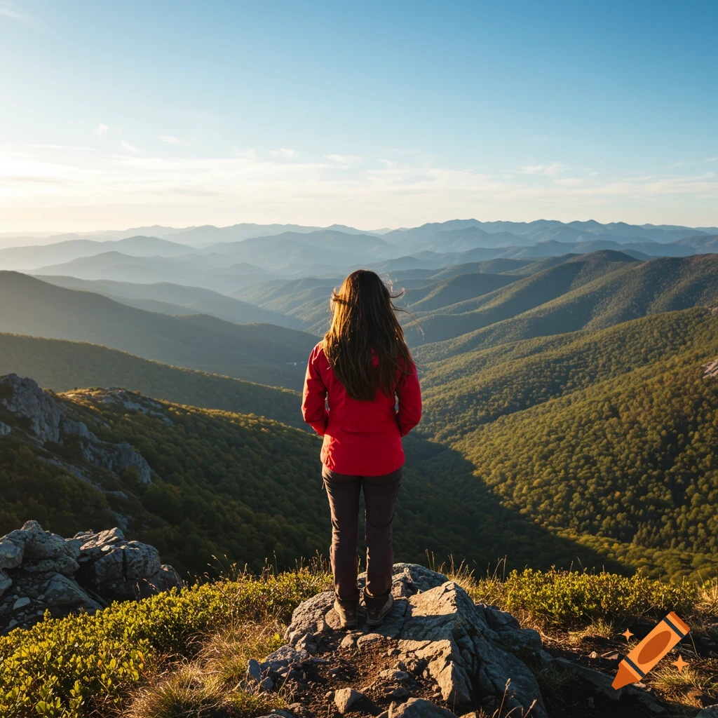 Person standing on a mountain peak looking out over green rolling hills and valleys at sunrise.