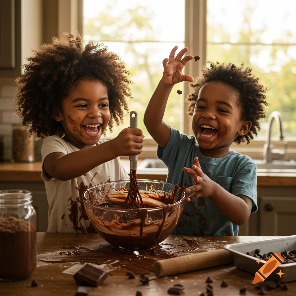 Joyful African American children messy with chocolate while cooking in a kitchen, photorealistic style.