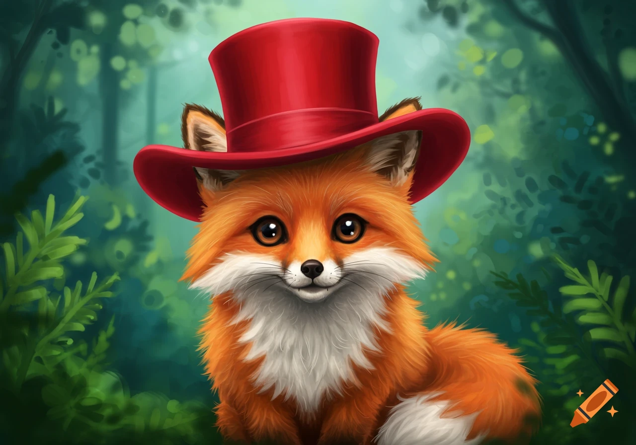 A cute fox wearing a red top hat in a forest.