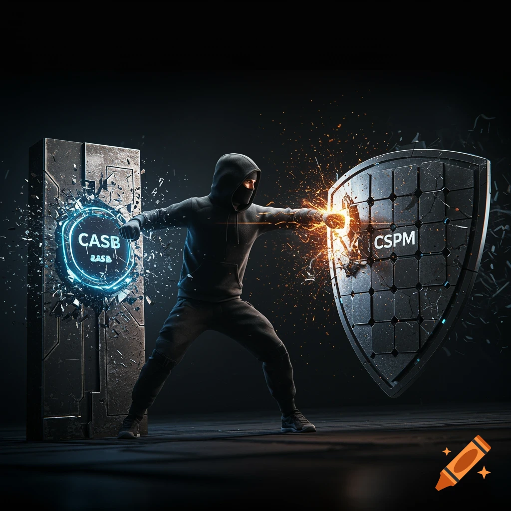 Hooded figure attacks cyber security concepts CASB and CSPM with energy blasts in dark digital art style.
