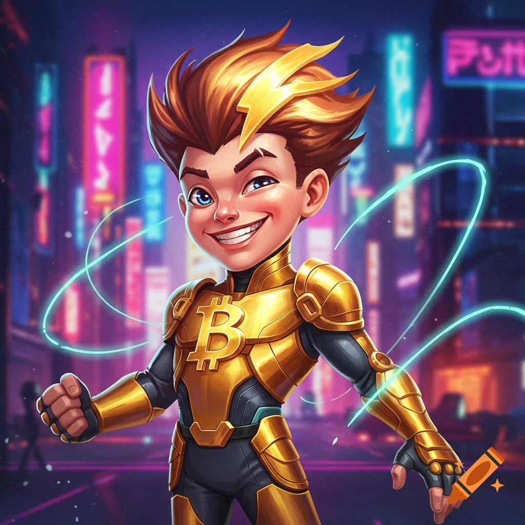 Cartoon boy in gold Bitcoin superhero suit standing in a cyberpunk city.