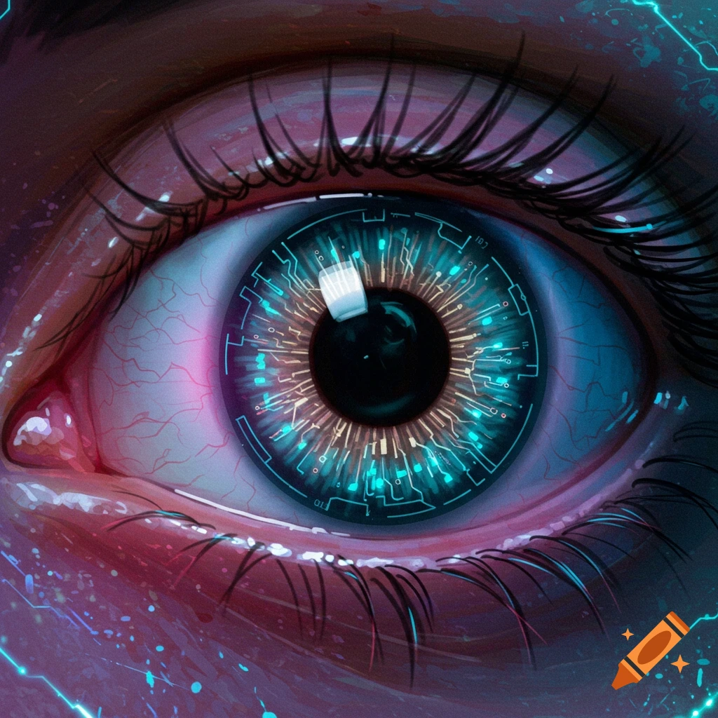 Close-up of a human eye with a glowing blue and gold digital pattern on the iris in a sci-fi style.