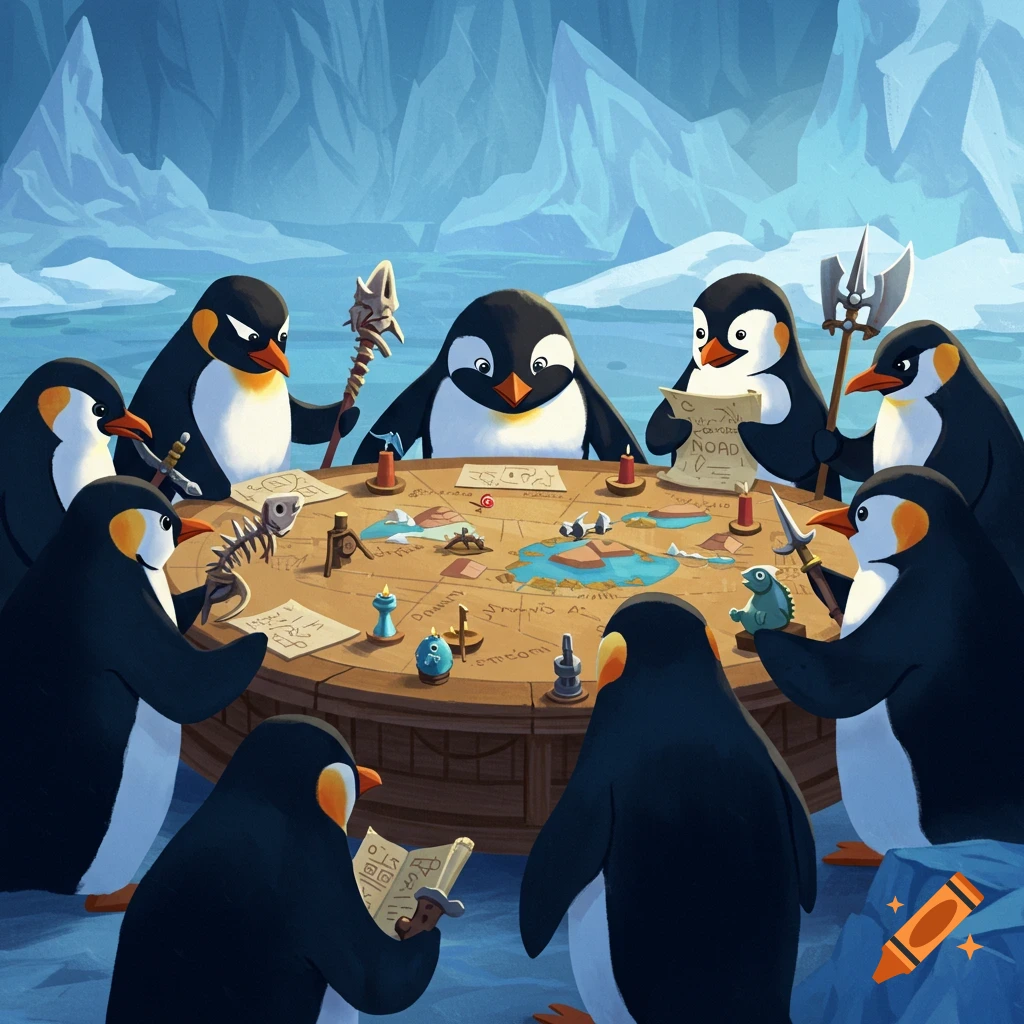 Illustrated scene of penguins gathered around a war table with a map, holding weapons and scrolls, in an arctic setting.