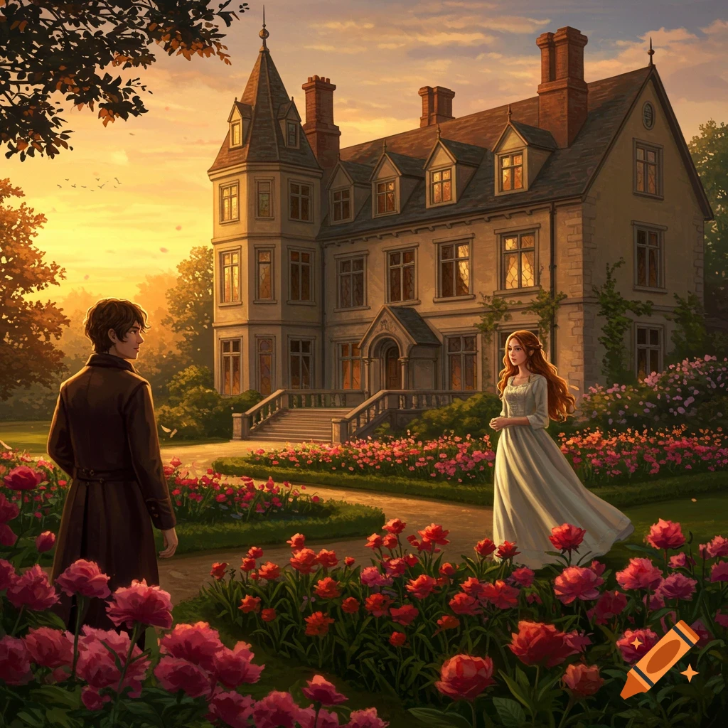 A man and woman stand in a garden filled with red flowers, facing each other in front of a large historic house at sunset in a painting style.