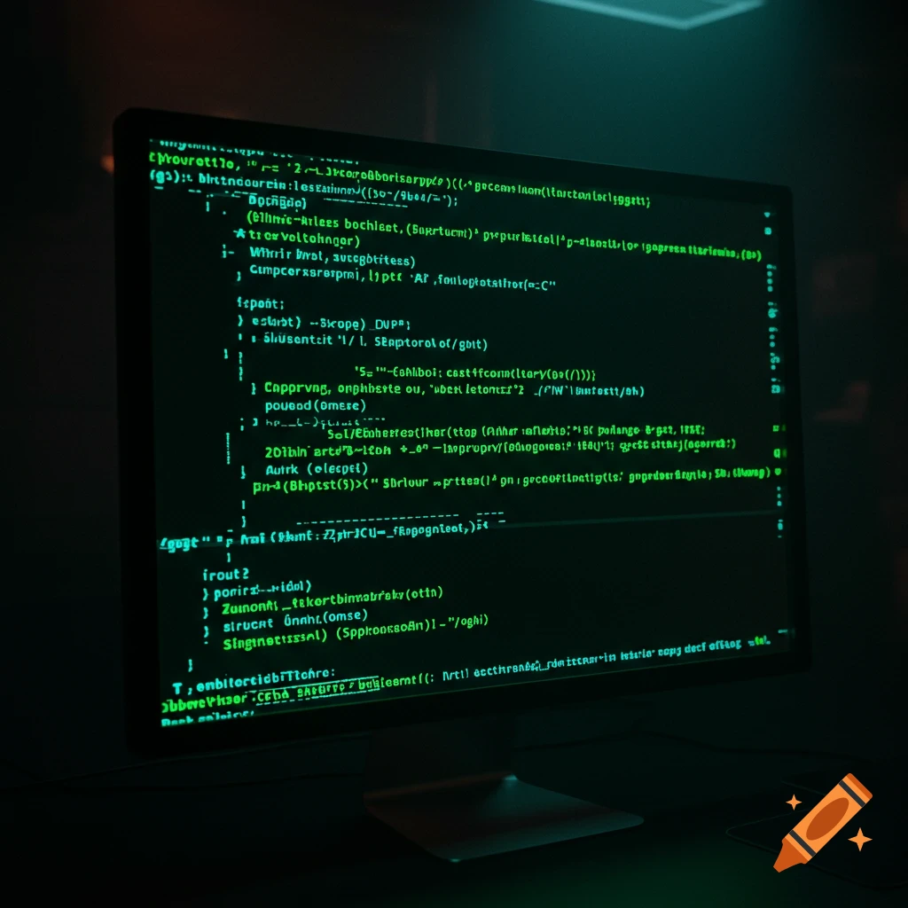 A computer screen displays glitched green text resembling code in a dark room.