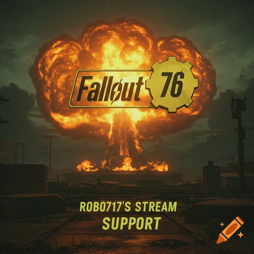 Fallout 76 logo above a nuclear explosion in a wasteland, with text ROB0717'S STREAM SUPPORT below.