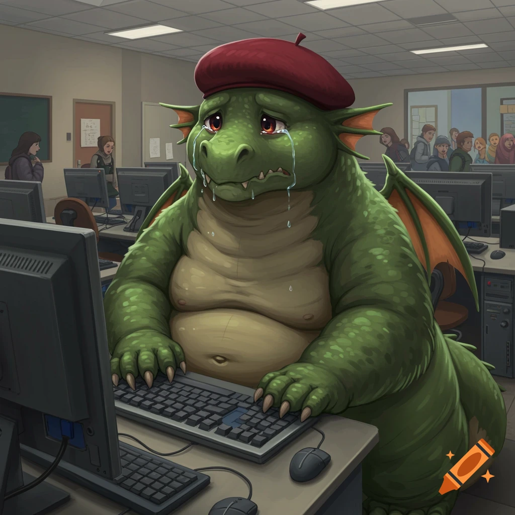 A fat green dragon wearing a red beret sits at a computer in a classroom, crying as he types.