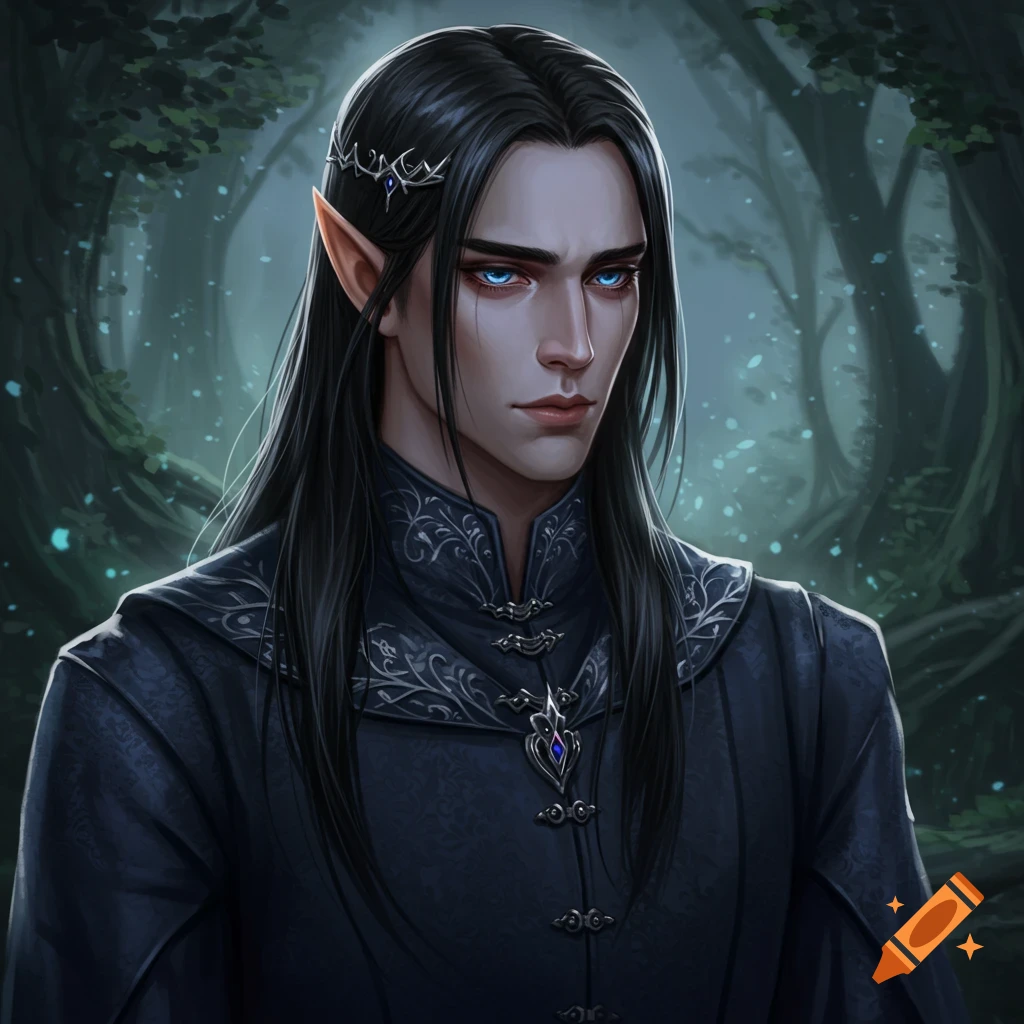 An elven prince with black hair and blue eyes in a dark forest, digital art.