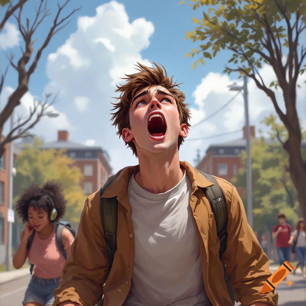 Stylized illustration of a young male student yelling in a street near a school with other students.