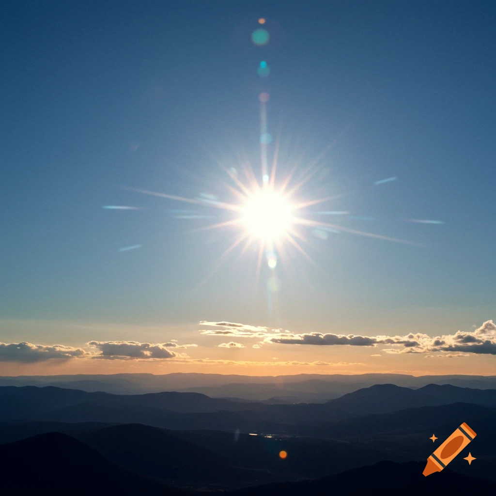 Bright sun with lens flares over dark layered mountains at sunset or sunrise.