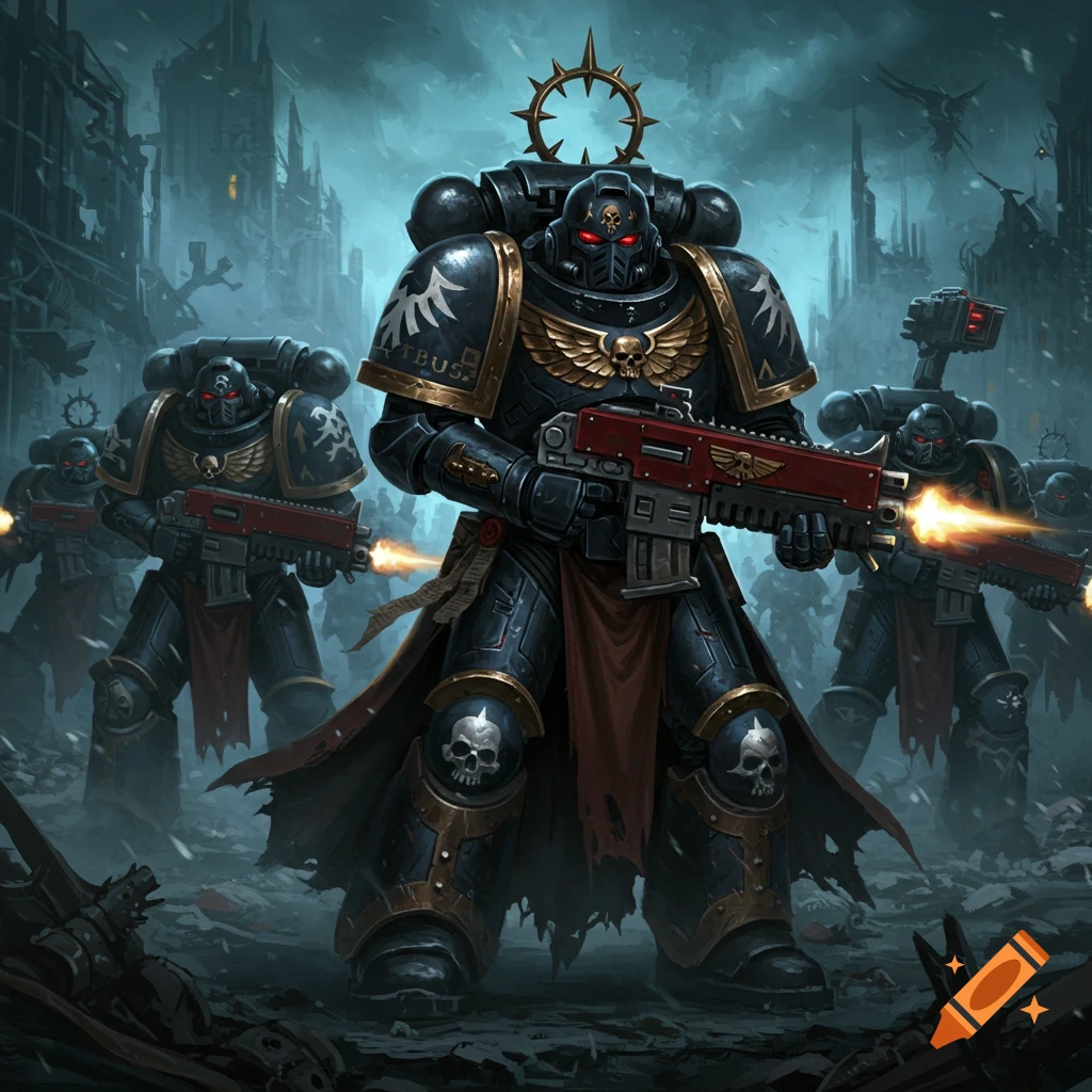 Space Marines in power armor firing weapons in a ruined city landscape.