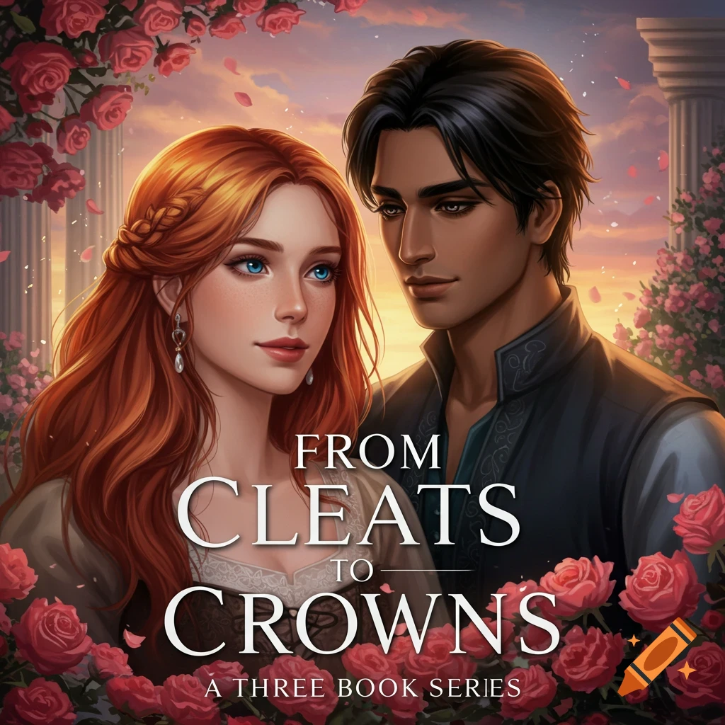 Book cover illustration of a couple surrounded by roses and columns, title From Cleats to Crowns.