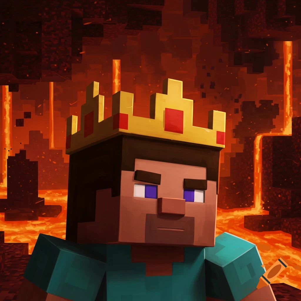 Minecraft Steve wearing a golden crown in a Nether lava landscape.