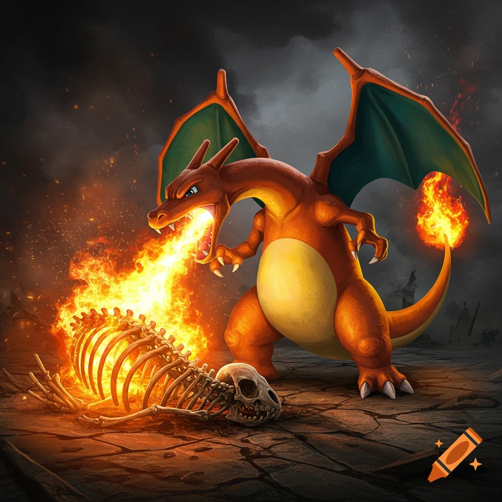 Charizard breathes fire onto a skeleton in a desolate landscape.