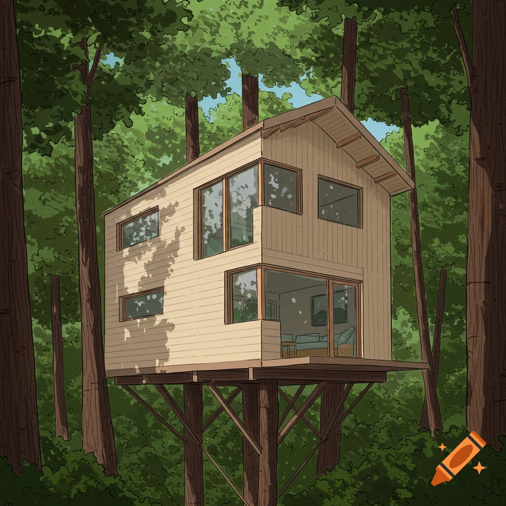 An illustration of a modern treehouse in a forest.
