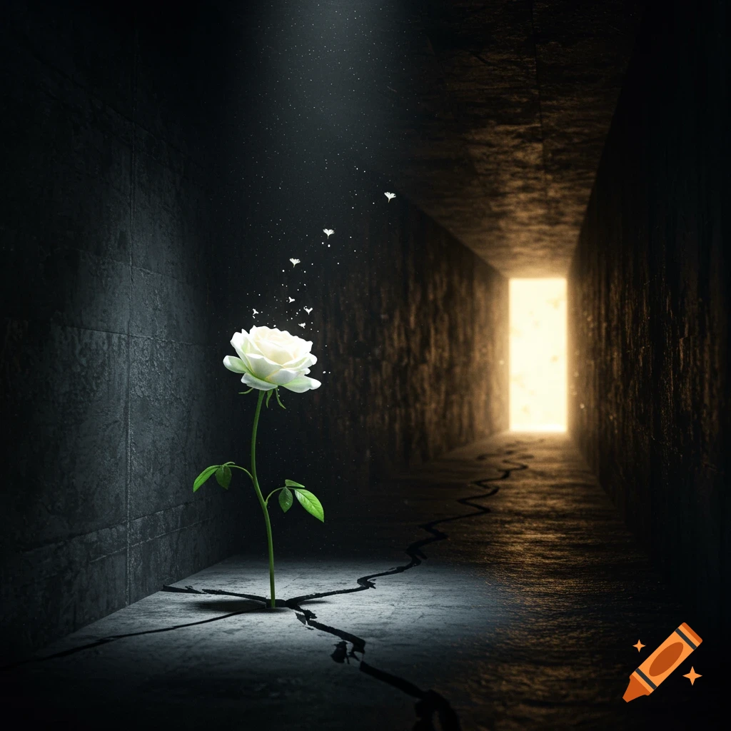 A single white rose grows through cracks in the dark concrete floor of a corridor towards a bright light at the end.