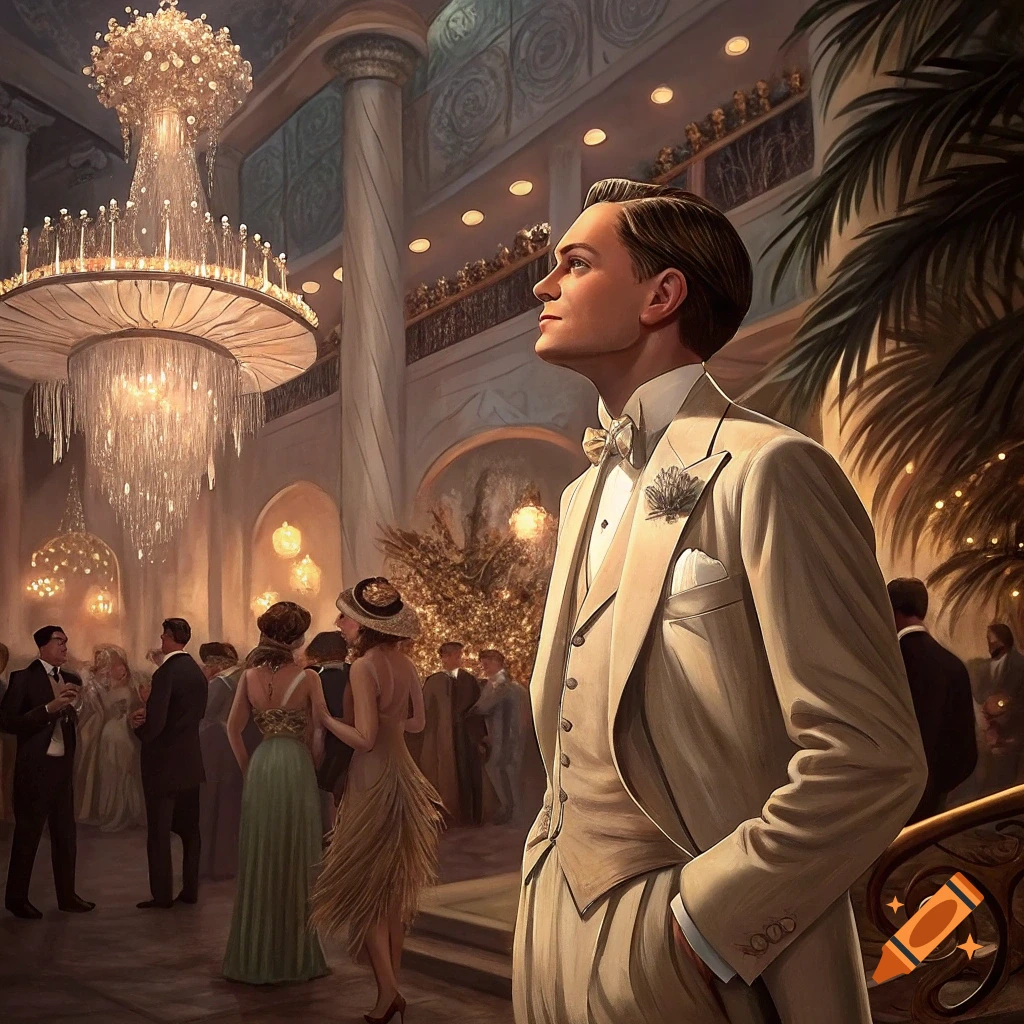 Illustration of a man in a cream suit looking up in a lavish, crowded party setting.