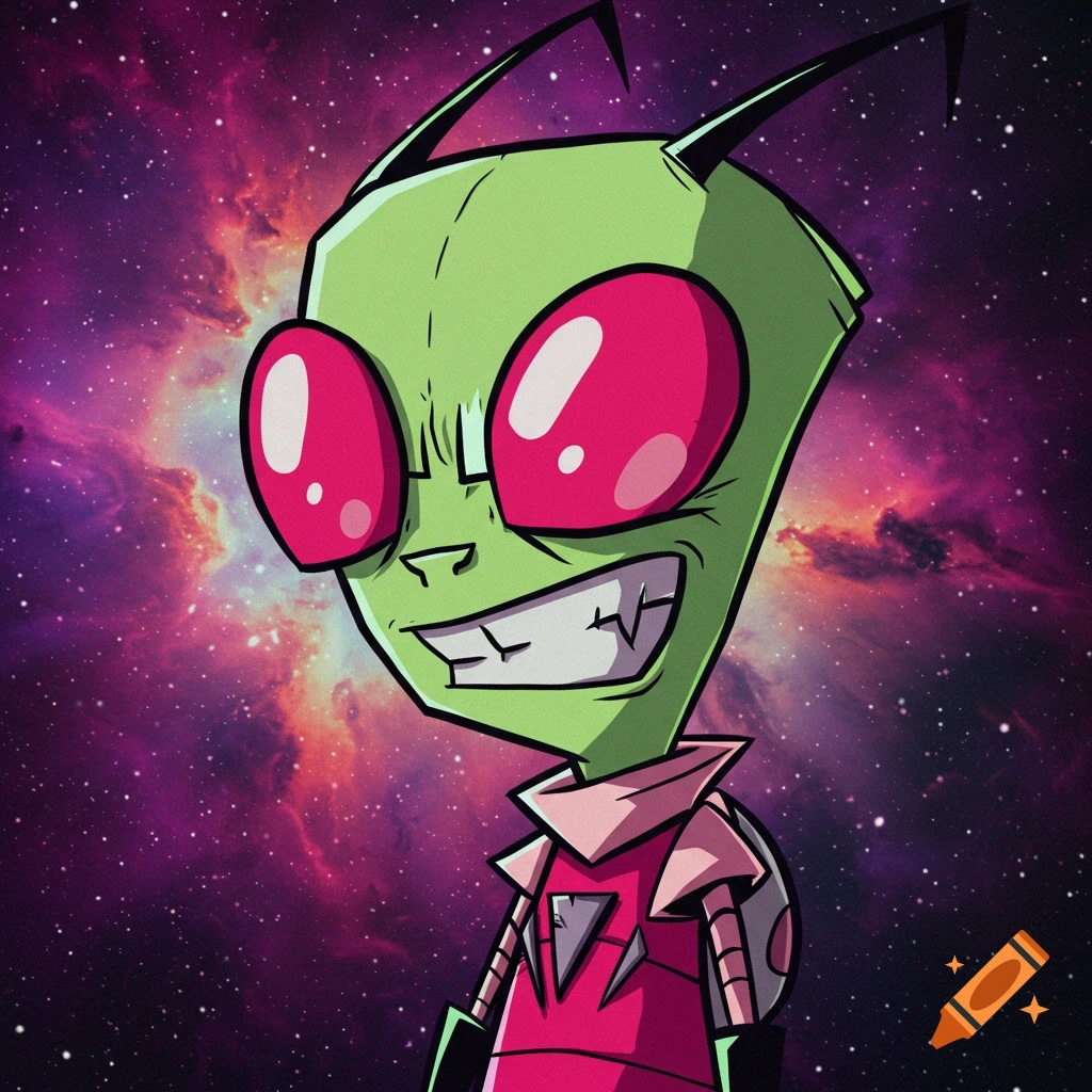 A cartoon illustration of Invader Zim against a purple and orange galaxy background.