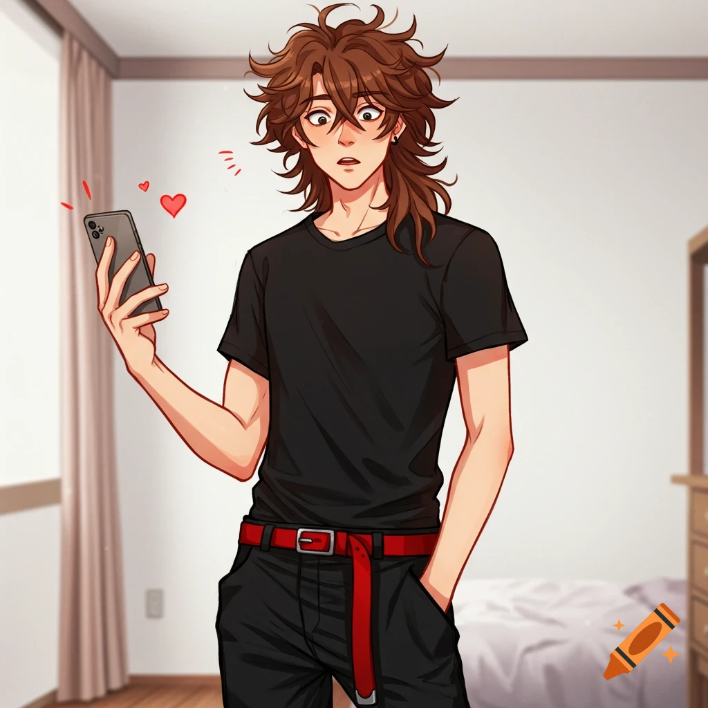 Anime guy with messy brown hair looks surprised while holding a phone.