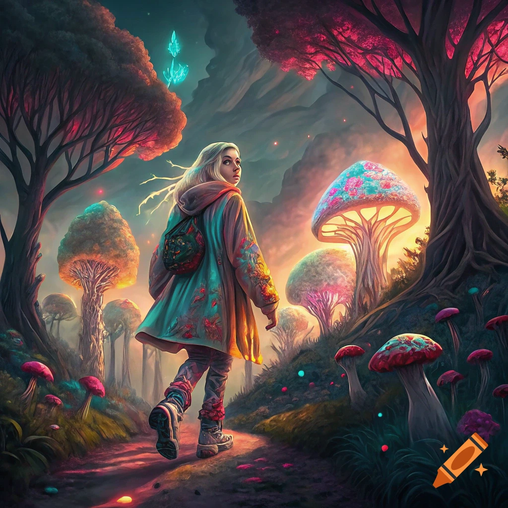 Person walks through surreal neon fantasy forest with glowing trees and mushrooms.