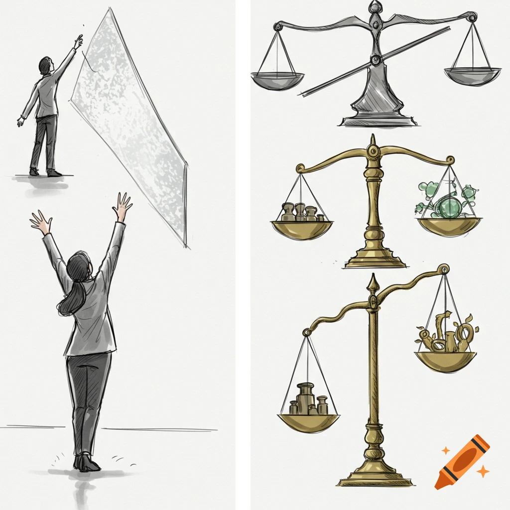 A split image illustration shows a person reaching through a breaking glass ceiling on the left and three different scales on the right.