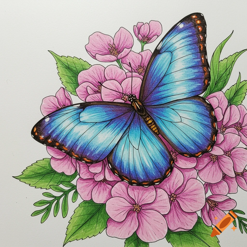 Colored pencil illustration of a blue butterfly on pink flowers.