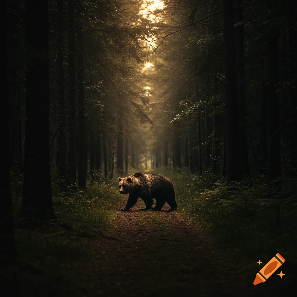 A bear walks on a path through a dark forest with sunlight filtering through trees.