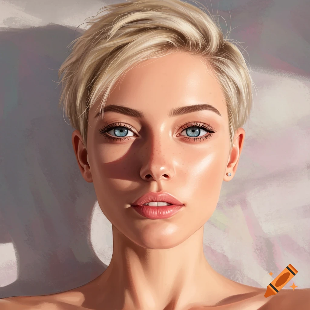 Blonde woman with a pixie cut and bright blue eyes.