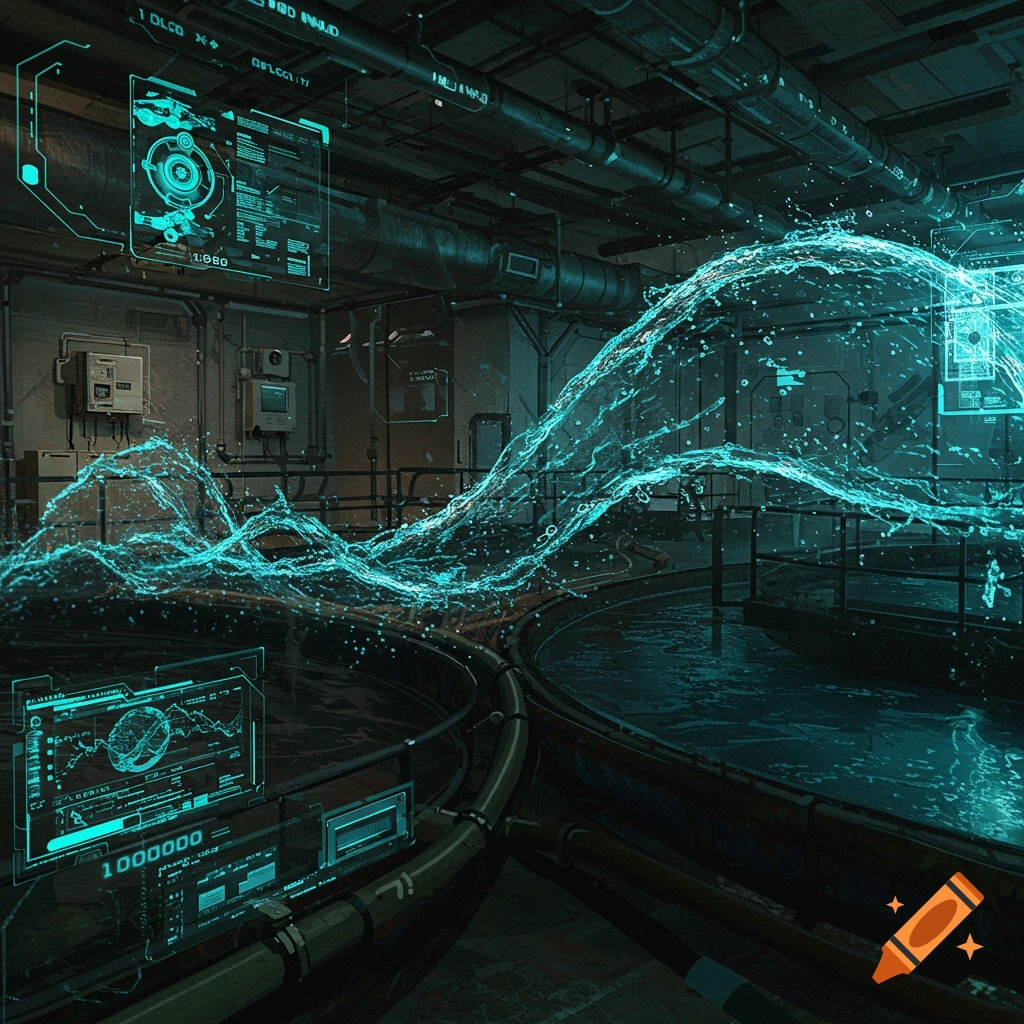 Sci-fi industrial facility with glowing blue digital water effects and futuristic screens.