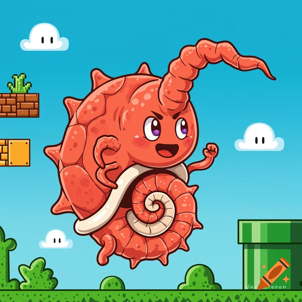 A cartoon character resembling a spiky red shell creature in a Super Mario Bros. style level.